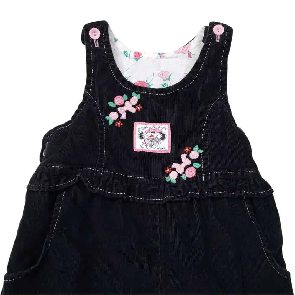 Vintage Healthtex Gray Corduroy Overalls Pink Floral Roses Patch Embroidery Sz 4